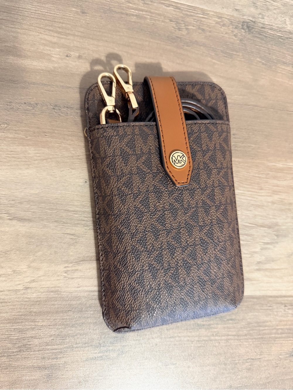 Michael Kors Brown Signature Phone Pouch with Gold Hardware